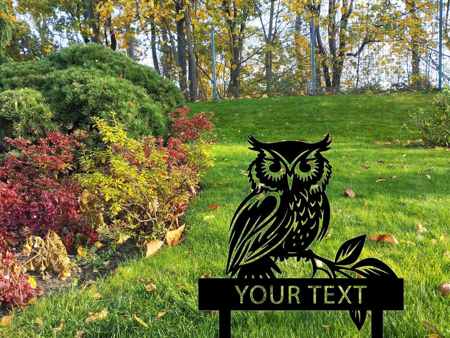an owl is sitting on a sign in the grass