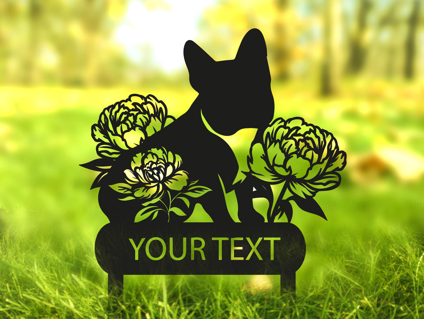 a dog is sitting on a sign with flowers