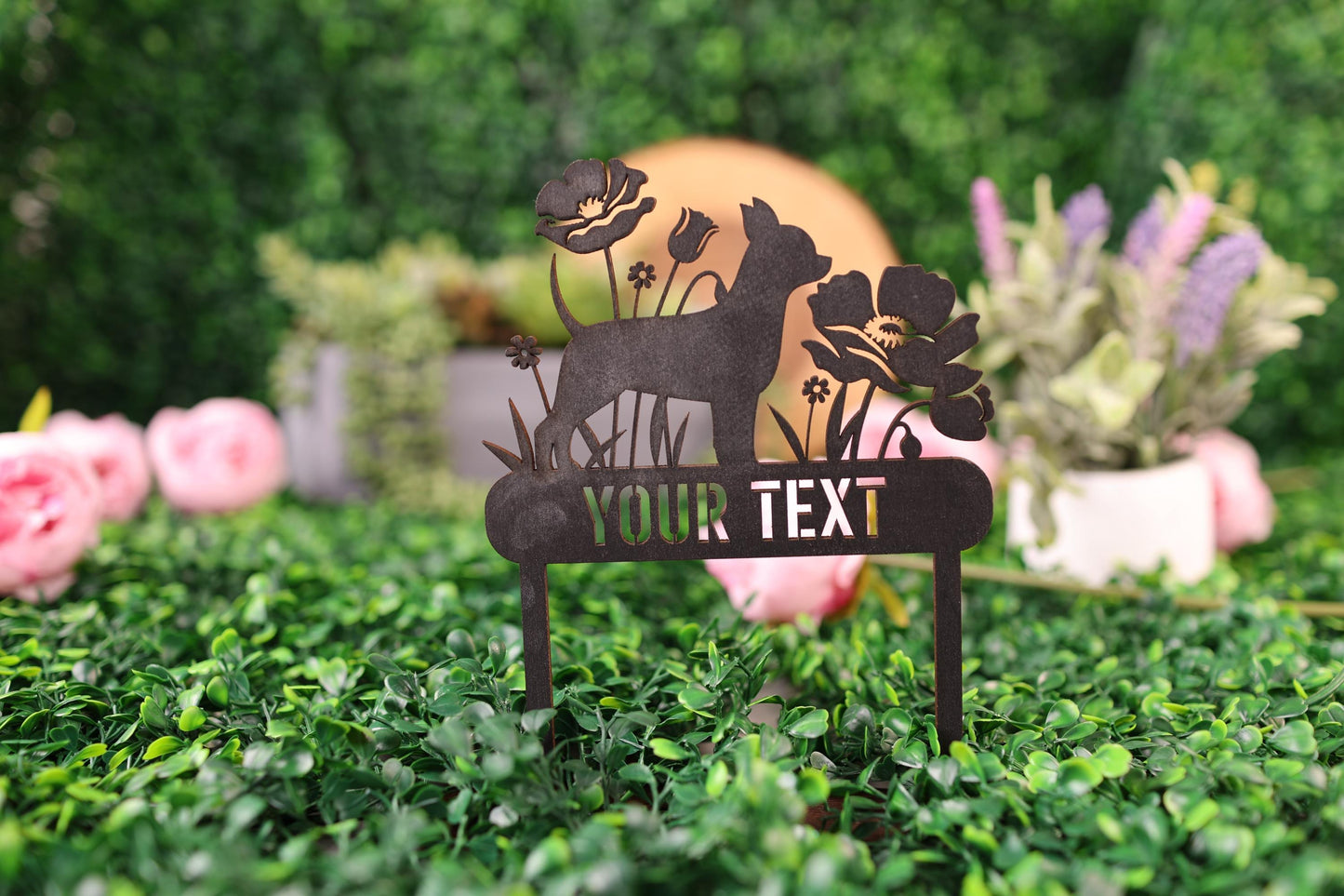 a sign that says your text in front of some flowers