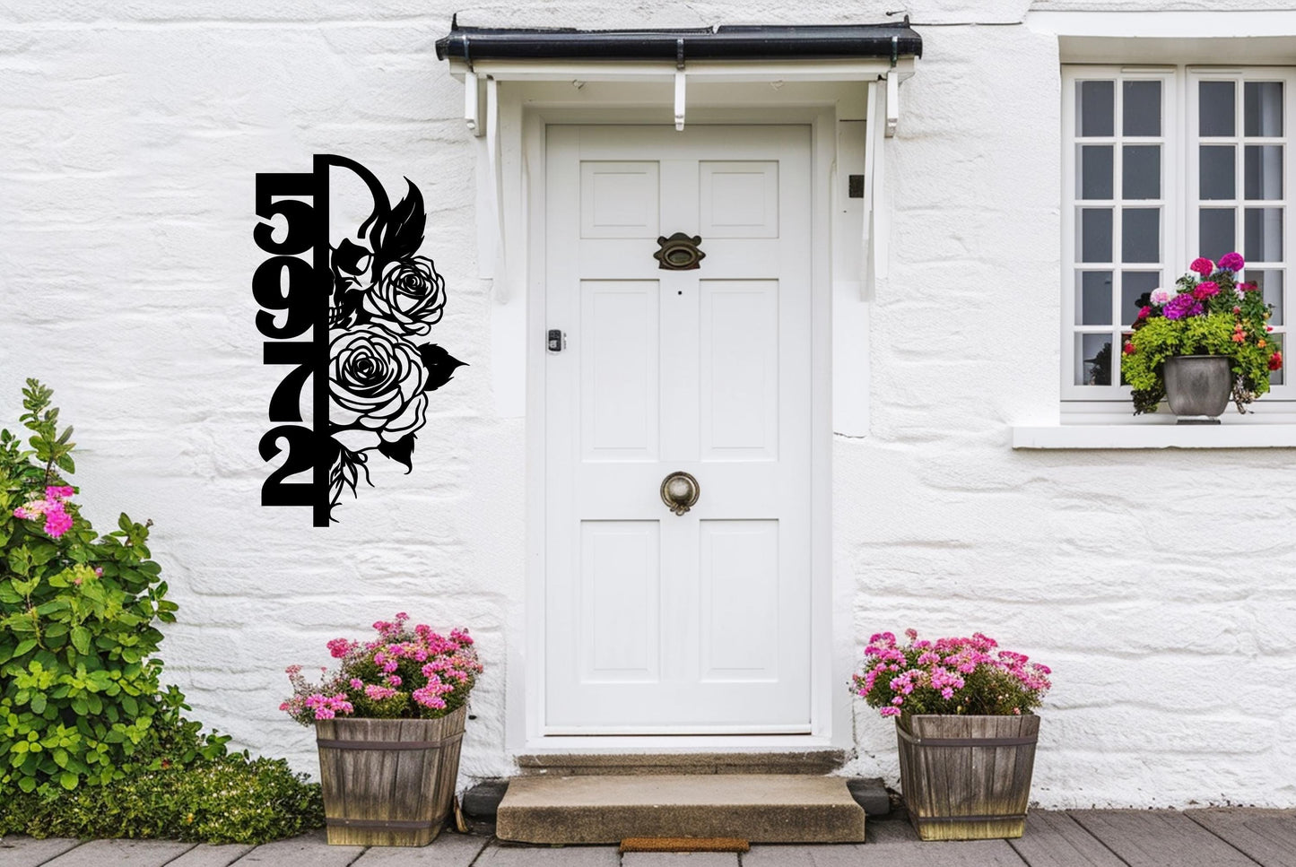 a white door with a black decal on it