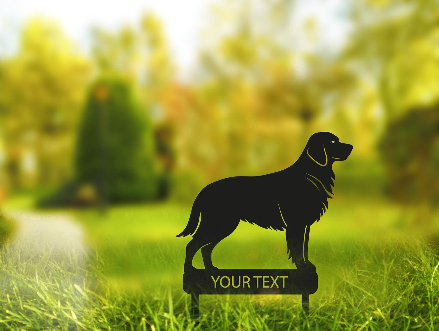 a dog is standing on a sign in the grass