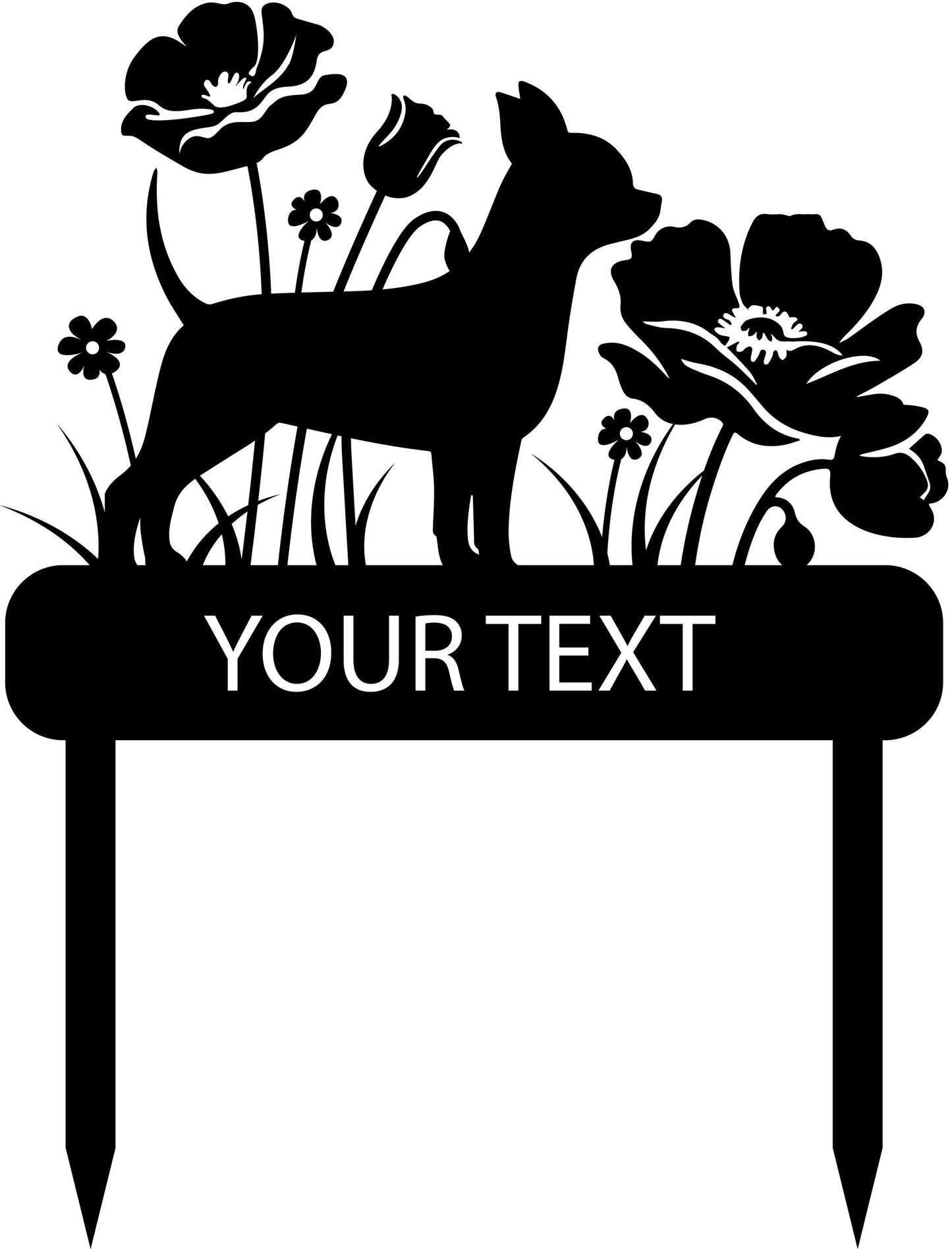 a black and white silhouette of a dog and flowers