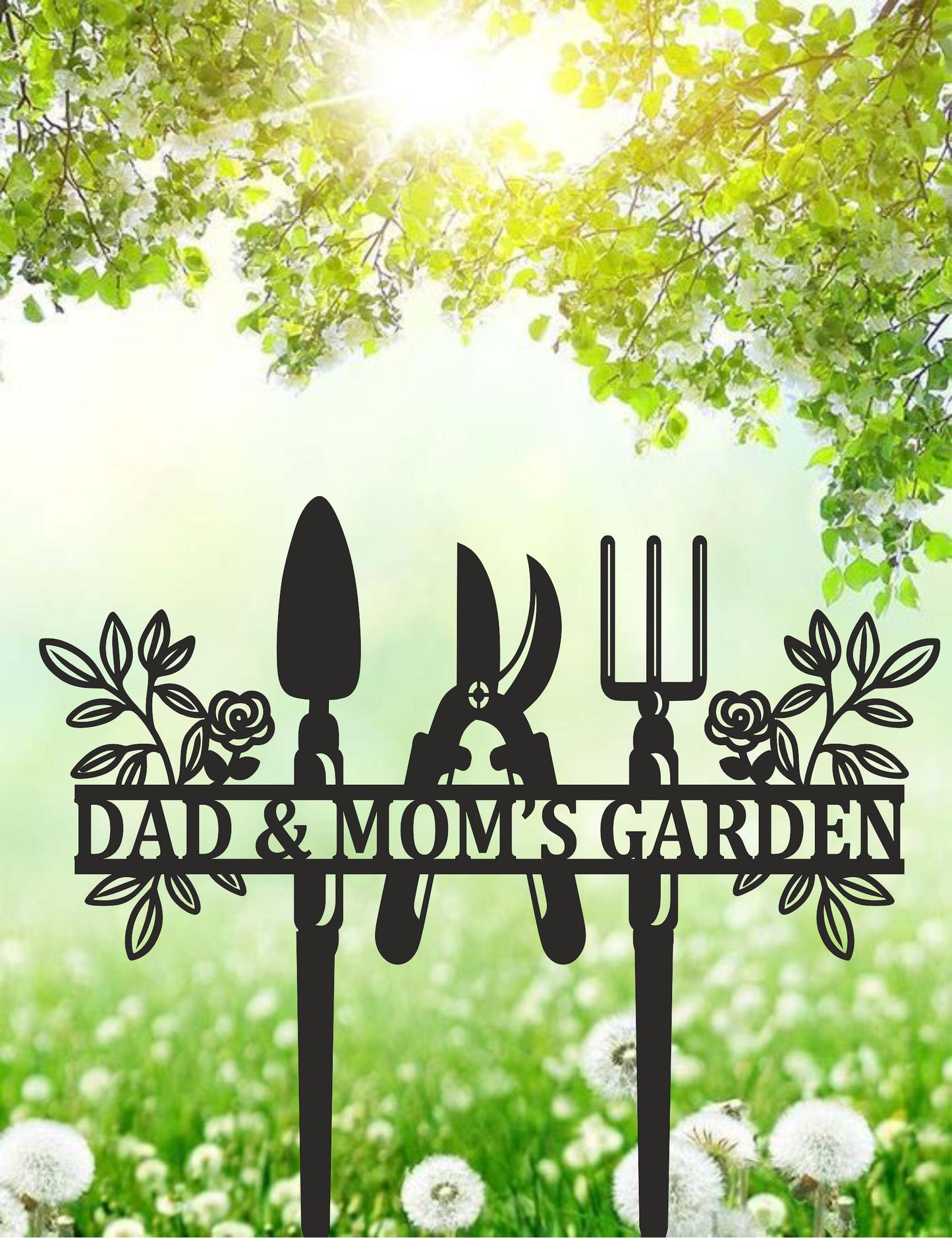 a metal sign that says dad and mom's garden