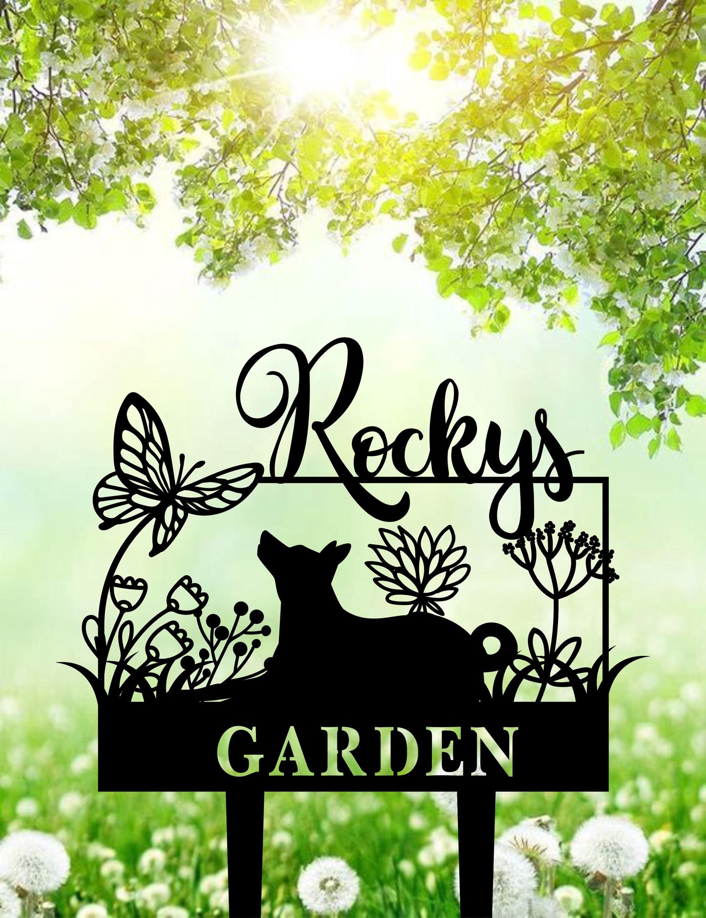 a metal sign that says rocky's garden in front of a field of dan