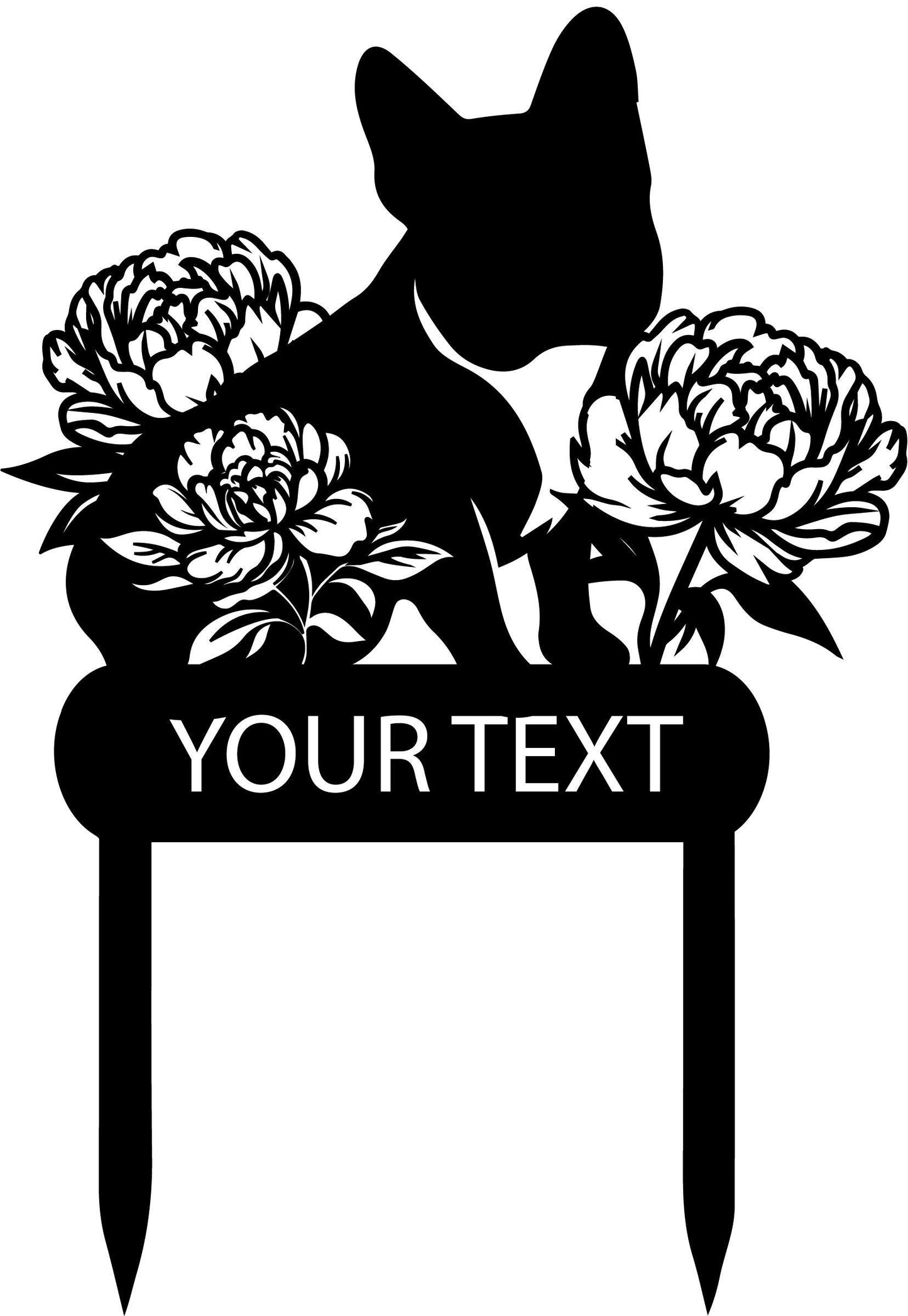 a black and white silhouette of a dog with flowers