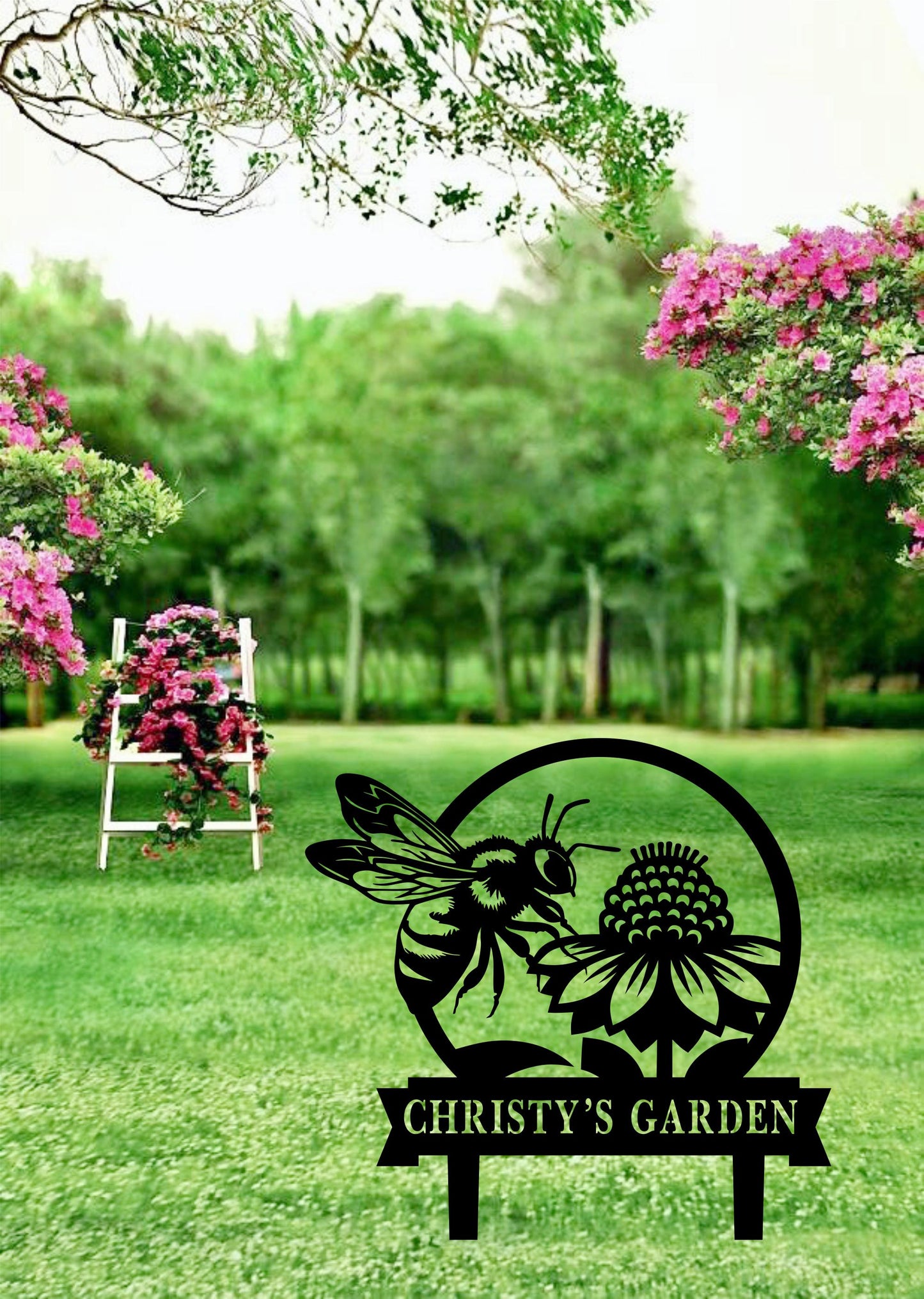 a picture of a garden with flowers and a bee