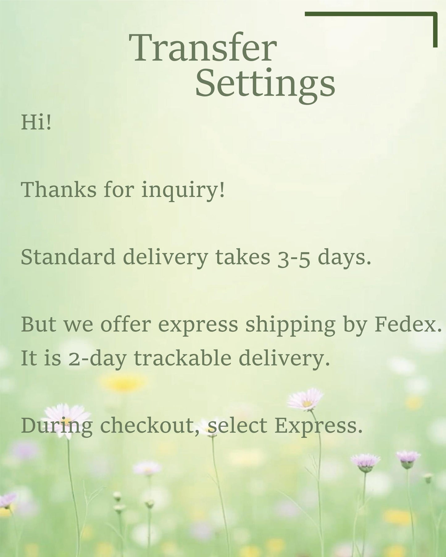 a picture of a field of flowers with the words transfer settings