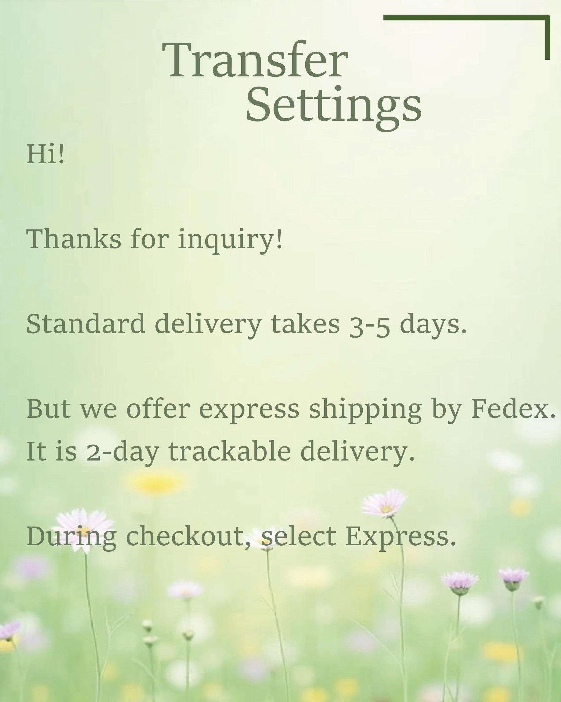 a picture of a field of flowers with the words transfer settings