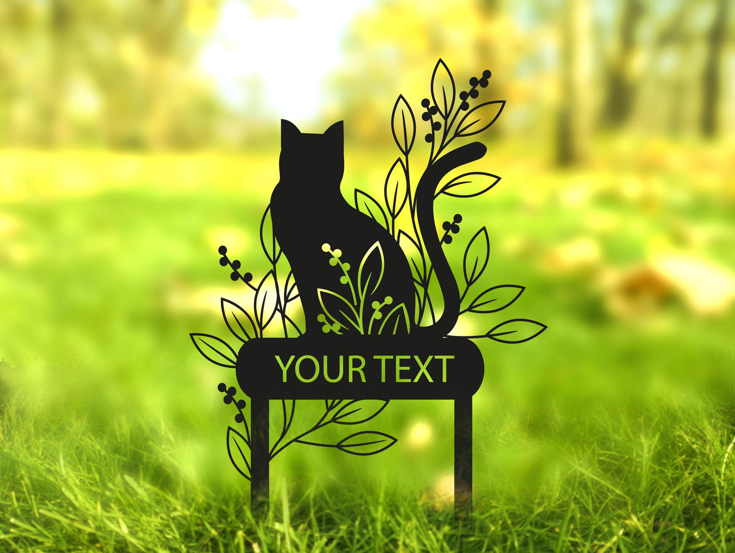 a cat sitting on top of a sign in the grass