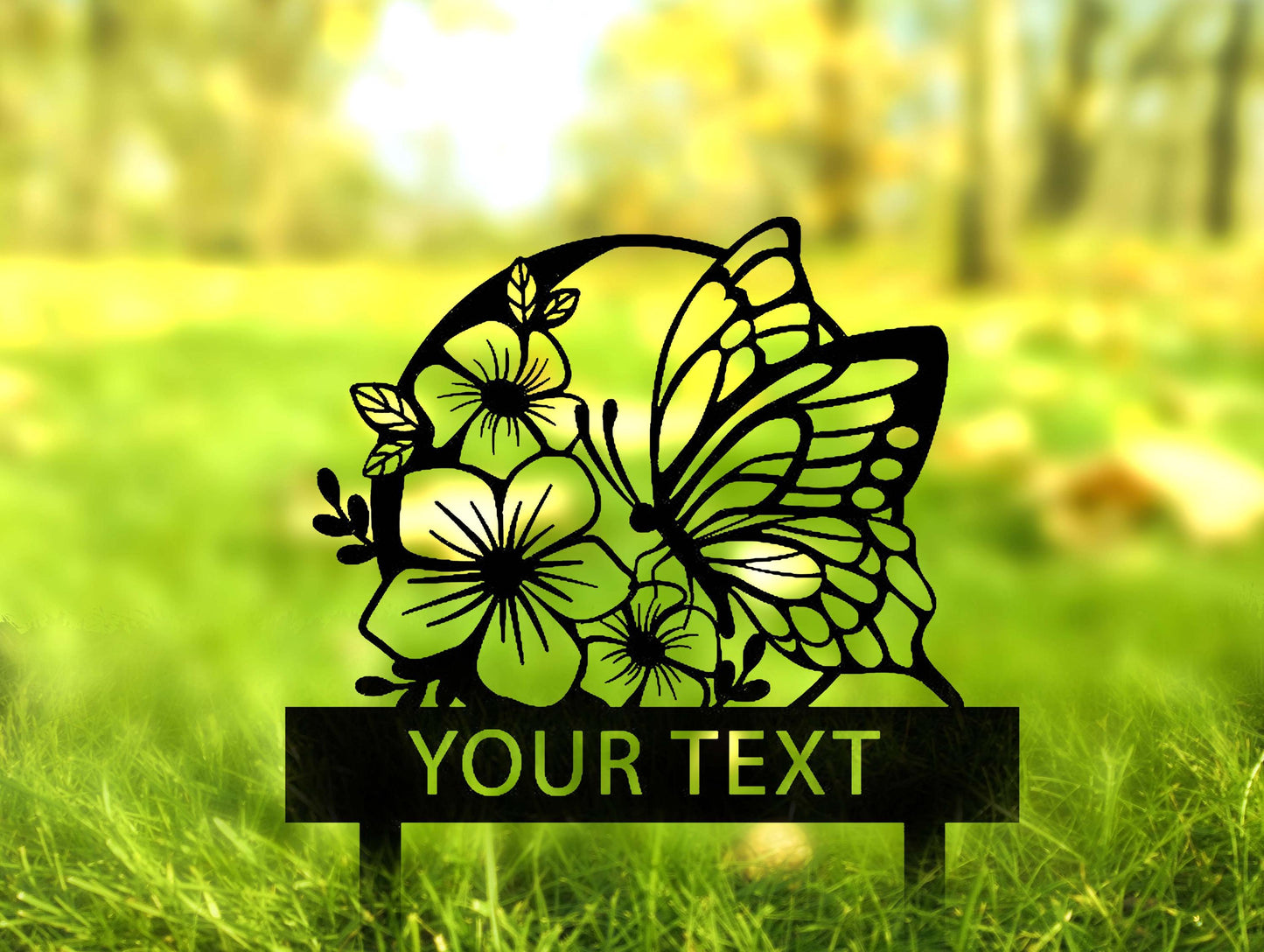 a metal sign with a butterfly and flowers on it