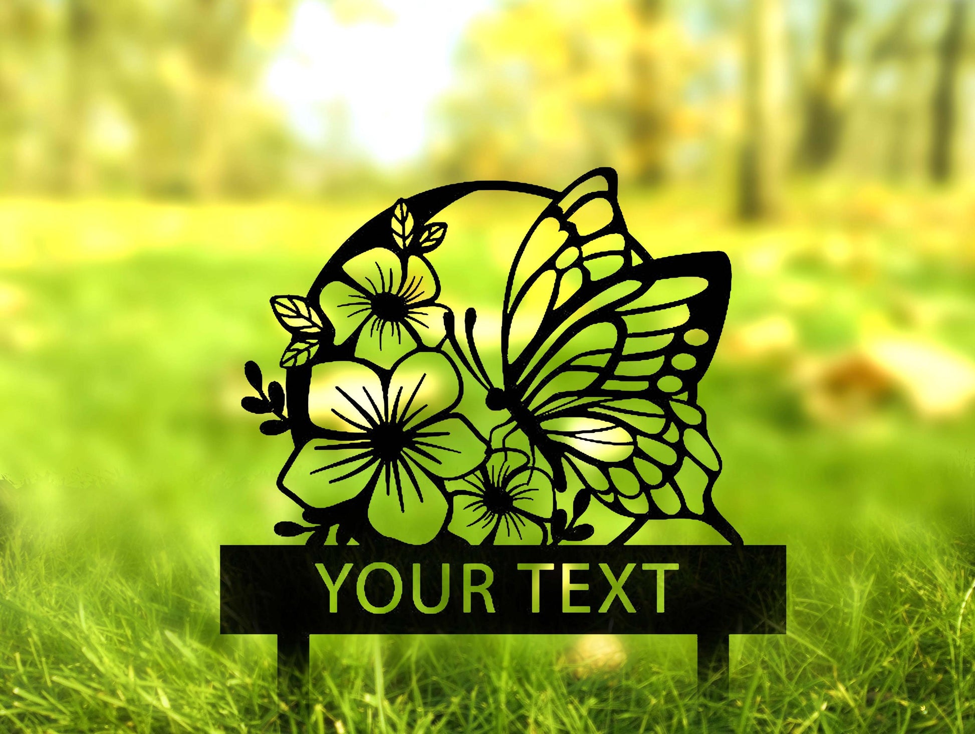 a metal sign with a butterfly and flowers on it
