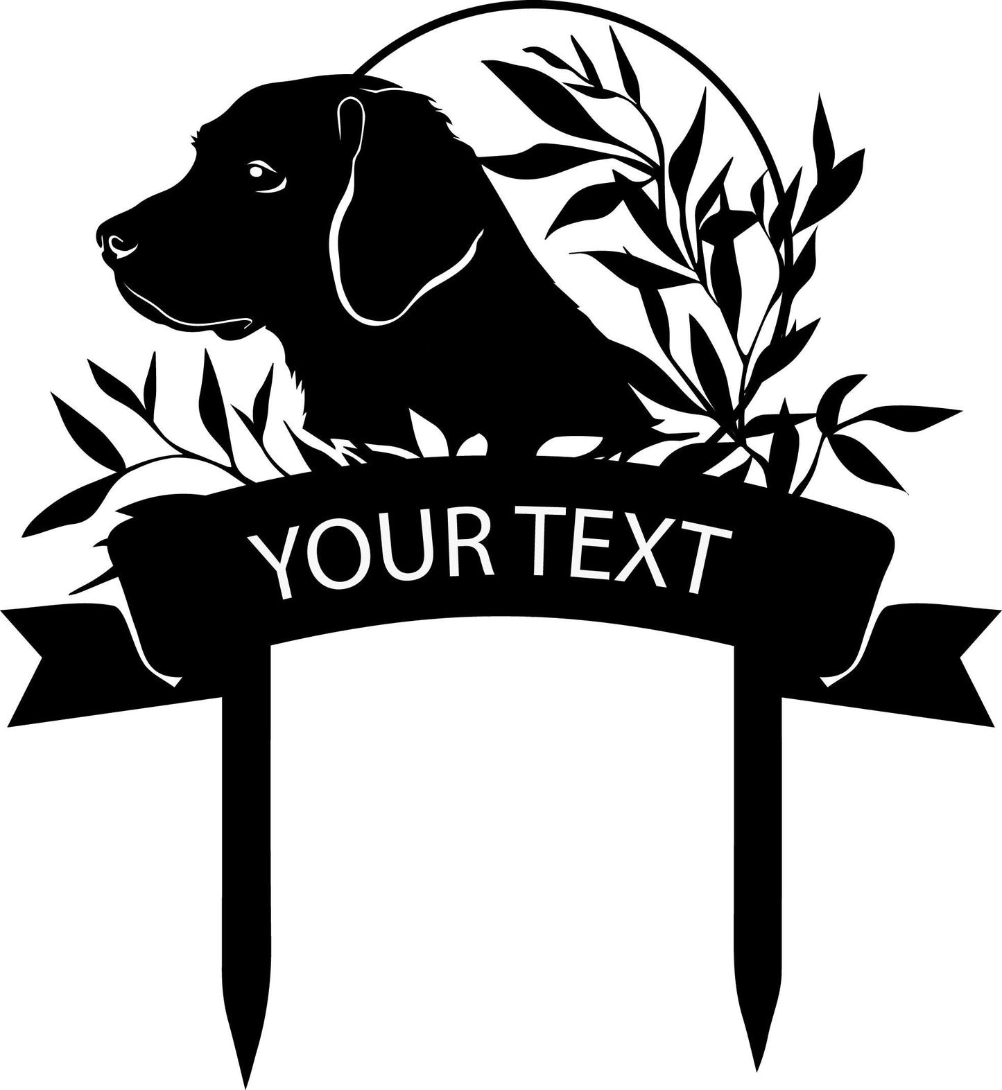 a black dog with a banner that says your text