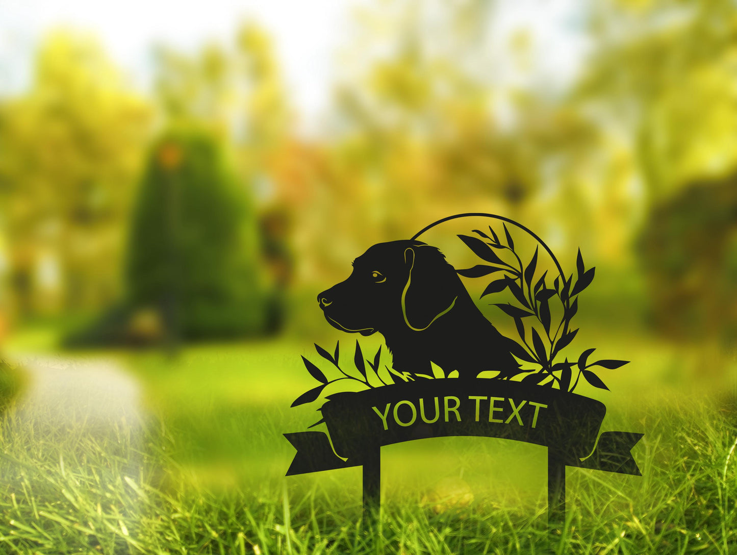 a black dog sitting on top of a lush green field