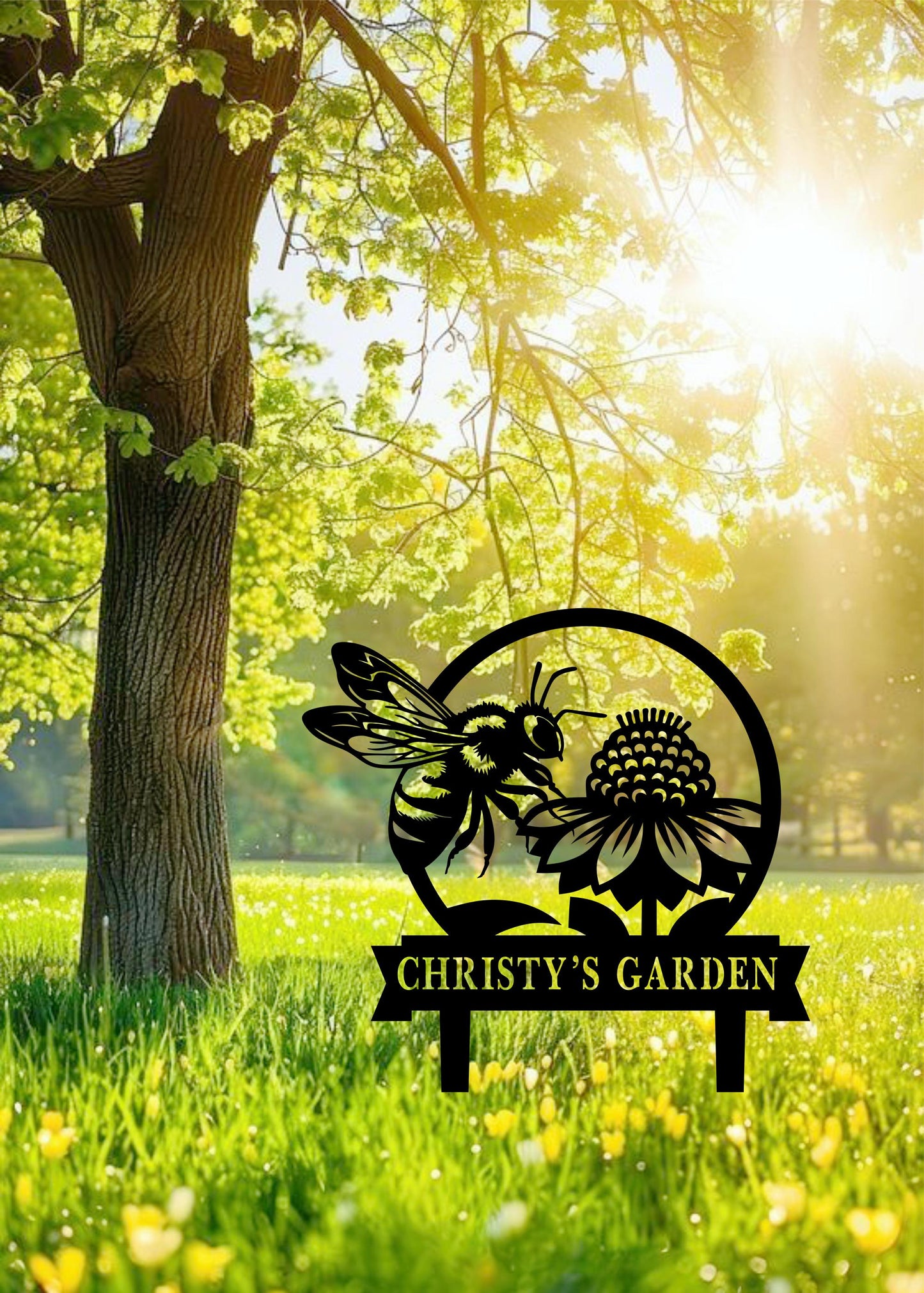 a sign that is in the grass near a tree