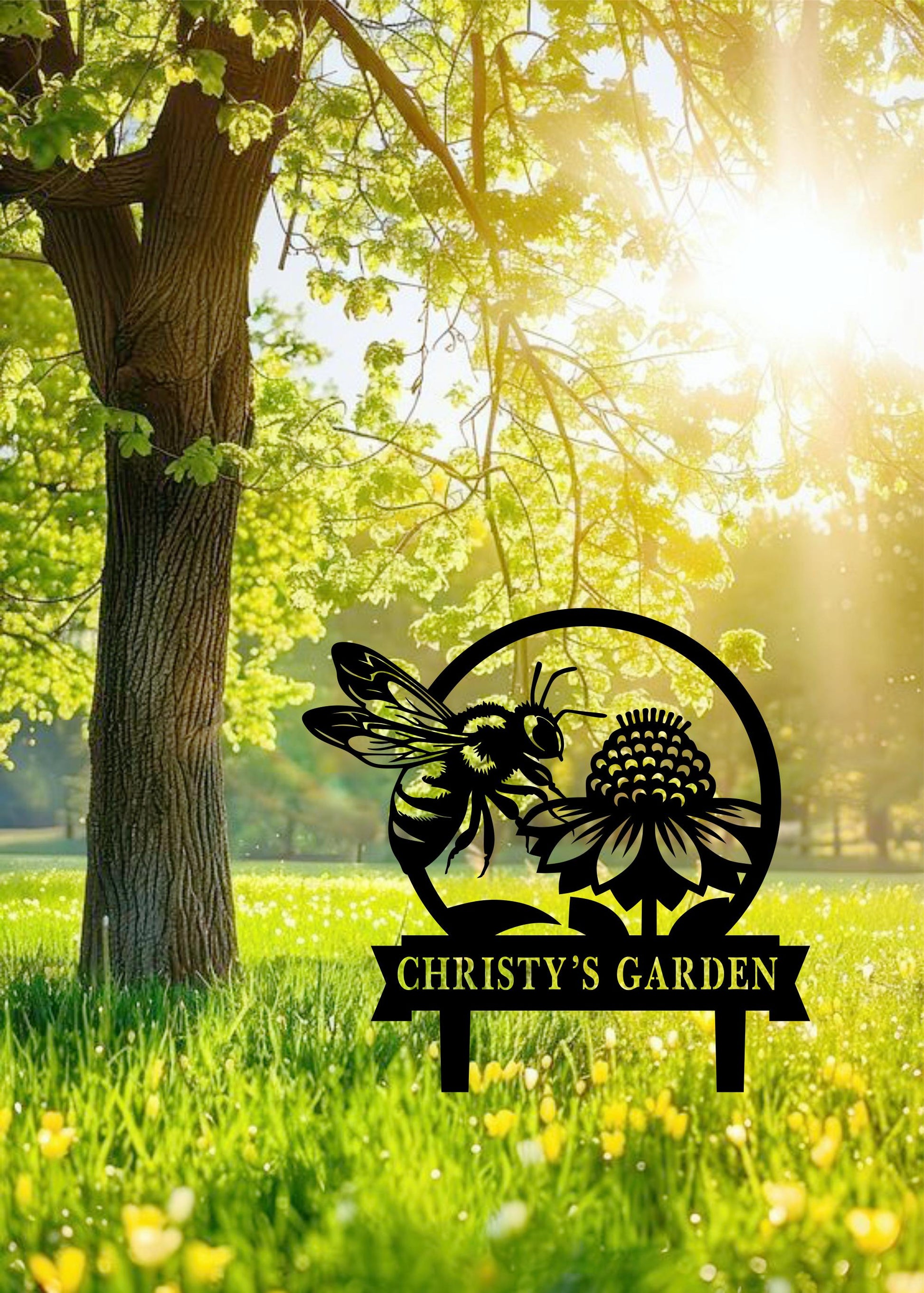 a sign that is in the grass near a tree